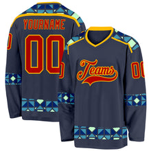Загрузить изображение в средство просмотра галереи, Custom Navy Red Blue Pea Green-Gold 3D Pattern Plaid Hockey Jersey