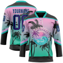 Загрузить изображение в средство просмотра галереи, Custom Black Purple Pink-Aqua 3D Pattern Gradient Hawaii Tropical Palm Trees Hockey Lace Neck Jersey