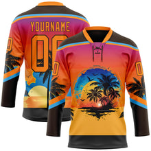 Laden Sie das Bild in den Galerie-Viewer, Custom Brown Bay Orange Yellow-Sky Blue 3D Pattern Gradient Hawaii Tropical Palm Trees Hockey Lace Neck Jersey