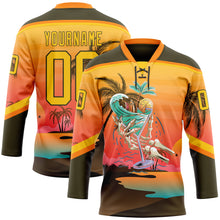 Charger l'image dans la galerie, Custom Olive Yellow-Bay Orange 3D Pattern Gradient Hawaii Tropical Palm Trees Hockey Lace Neck Jersey