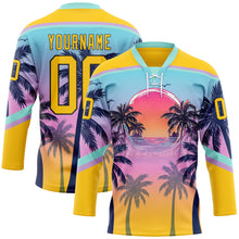 Charger l'image dans la galerie, Custom Yellow Blue Purple-Black 3D Pattern Gradient Hawaii Tropical Palm Trees Hockey Lace Neck Jersey