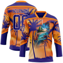 Laden Sie das Bild in den Galerie-Viewer, Custom Dark Purple Orange-White 3D Pattern Gradient Hawaii Tropical Palm Trees Hockey Lace Neck Jersey