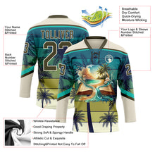 Laden Sie das Bild in den Galerie-Viewer, Custom Cream Olive-Blue 3D Pattern Gradient Hawaii Tropical Palm Trees Hockey Lace Neck Jersey