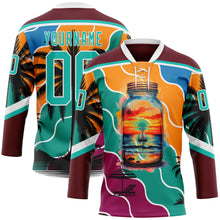 Charger l'image dans la galerie, Custom Burgundy Aqua Orange Blue-White 3D Pattern Gradient Hawaii Tropical Palm Trees Hockey Lace Neck Jersey