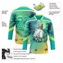 Charger l'image dans la galerie, Custom Aqua Neon Yellow-Pea Green 3D Pattern Gradient Hawaii Tropical Palm Trees Hockey Lace Neck Jersey