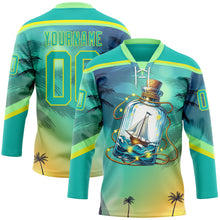 Charger l'image dans la galerie, Custom Aqua Neon Yellow-Pea Green 3D Pattern Gradient Hawaii Tropical Palm Trees Hockey Lace Neck Jersey