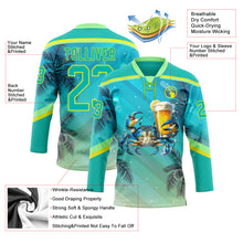 Laden Sie das Bild in den Galerie-Viewer, Custom Aqua Neon Yellow-Pea Green 3D Pattern Gradient Hawaii Tropical Palm Trees Hockey Lace Neck Jersey