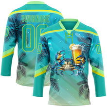 Laden Sie das Bild in den Galerie-Viewer, Custom Aqua Neon Yellow-Pea Green 3D Pattern Gradient Hawaii Tropical Palm Trees Hockey Lace Neck Jersey