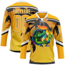 Загрузить изображение в средство просмотра галереи, Custom Gold Black-White 3D Pattern Gradient Hawaii Tropical Palm Trees Hockey Lace Neck Jersey
