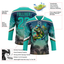 Charger l'image dans la galerie, Custom Aqua Blue Olive-White 3D Pattern Gradient Hawaii Tropical Palm Trees Hockey Lace Neck Jersey