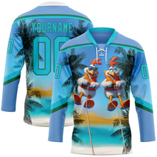 Load image into Gallery viewer, Custom Light Blue Lakes Blue-Kelly Green 3D Pattern Gradient Hawaii Tropical Palm Trees Hockey Lace Neck Jersey