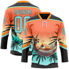 Load image into Gallery viewer, Custom Black Ice Blue-Orange 3D Pattern Gradient Hawaii Tropical Palm Trees Hockey Lace Neck Jersey