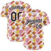 Load image into Gallery viewer, Custom White Black 3D Pattern Design Foodie Fast Food Hot Dog Doughnuts Authentic Baseball Jersey