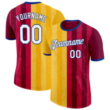 Load image into Gallery viewer, Custom Red White Yellow-Royal Spain Stripe Splash Performance T-Shirt
