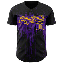 Load image into Gallery viewer, Custom Black Purple-Yellow 3D Pattern Design Dripping Splatter Paint Authentic Baseball Jersey