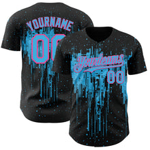 Load image into Gallery viewer, Custom Black Sky Blue-Pink 3D Pattern Design Dripping Splatter Paint Authentic Baseball Jersey