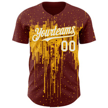 Load image into Gallery viewer, Custom Burgundy White-Gold 3D Pattern Design Dripping Splatter Paint Authentic Baseball Jersey