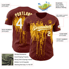 Load image into Gallery viewer, Custom Burgundy White-Gold 3D Pattern Design Dripping Splatter Paint Authentic Baseball Jersey