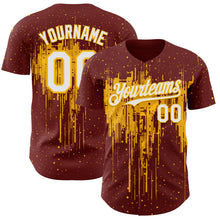 Load image into Gallery viewer, Custom Burgundy White-Gold 3D Pattern Design Dripping Splatter Paint Authentic Baseball Jersey