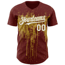 Laden Sie das Bild in den Galerie-Viewer, Custom Burgundy White-Old Gold 3D Pattern Design Dripping Splatter Paint Authentic Baseball Jersey