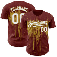 Laden Sie das Bild in den Galerie-Viewer, Custom Burgundy White-Old Gold 3D Pattern Design Dripping Splatter Paint Authentic Baseball Jersey