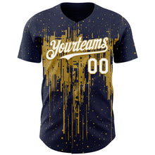 Load image into Gallery viewer, Custom Navy White-Old Gold 3D Pattern Design Dripping Splatter Paint Authentic Baseball Jersey