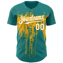 Load image into Gallery viewer, Custom Teal White-Gold 3D Pattern Design Dripping Splatter Paint Authentic Baseball Jersey