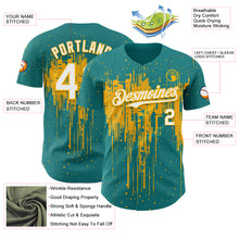 Load image into Gallery viewer, Custom Teal White-Gold 3D Pattern Design Dripping Splatter Paint Authentic Baseball Jersey