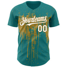 Загрузить изображение в средство просмотра галереи, Custom Teal White-Old Gold 3D Pattern Design Dripping Splatter Paint Authentic Baseball Jersey