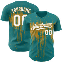 Загрузить изображение в средство просмотра галереи, Custom Teal White-Old Gold 3D Pattern Design Dripping Splatter Paint Authentic Baseball Jersey