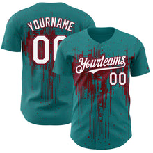 Load image into Gallery viewer, Custom Teal White-Crimson 3D Pattern Design Dripping Splatter Paint Authentic Baseball Jersey