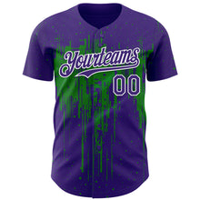 Laden Sie das Bild in den Galerie-Viewer, Custom Purple White-Grass Green 3D Pattern Design Dripping Splatter Paint Authentic Baseball Jersey