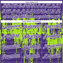 Laden Sie das Bild in den Galerie-Viewer, Custom Purple White-Neon Green 3D Pattern Design Dripping Splatter Paint Authentic Baseball Jersey