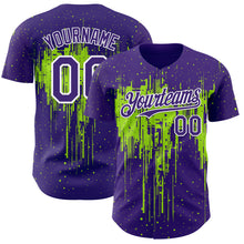 Laden Sie das Bild in den Galerie-Viewer, Custom Purple White-Neon Green 3D Pattern Design Dripping Splatter Paint Authentic Baseball Jersey