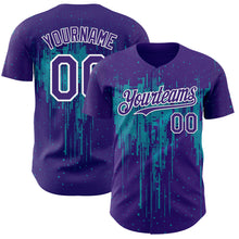 Laden Sie das Bild in den Galerie-Viewer, Custom Purple White-Teal 3D Pattern Design Dripping Splatter Paint Authentic Baseball Jersey