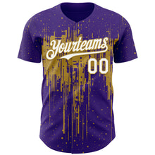 Загрузить изображение в средство просмотра галереи, Custom Purple White-Old Gold 3D Pattern Design Dripping Splatter Paint Authentic Baseball Jersey