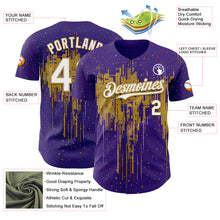 Загрузить изображение в средство просмотра галереи, Custom Purple White-Old Gold 3D Pattern Design Dripping Splatter Paint Authentic Baseball Jersey