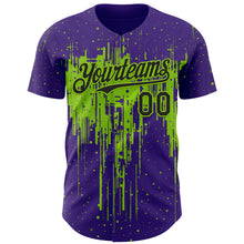 Load image into Gallery viewer, Custom Purple Black-Neon Green 3D Pattern Design Dripping Splatter Paint Authentic Baseball Jersey
