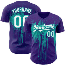 Laden Sie das Bild in den Galerie-Viewer, Custom Purple White-Aqua 3D Pattern Design Dripping Splatter Paint Authentic Baseball Jersey