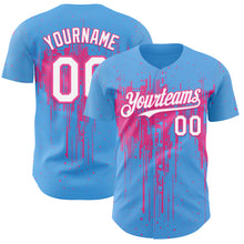 Загрузить изображение в средство просмотра галереи, Custom Sky Blue White-Pink 3D Pattern Design Dripping Splatter Paint Authentic Baseball Jersey