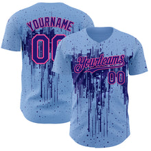 Load image into Gallery viewer, Custom Light Blue Dark Purple-Pink 3D Pattern Design Dripping Splatter Paint Authentic Baseball Jersey
