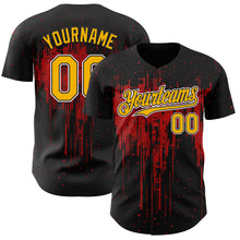 Load image into Gallery viewer, Custom Black Gold Red-White 3D Pattern Design Dripping Splatter Paint Authentic Baseball Jersey