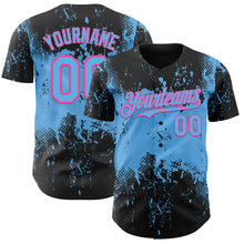 Load image into Gallery viewer, Custom Black Sky Blue-Pink 3D Pattern Design Abstract Splatter Grunge Paint Authentic Baseball Jersey