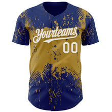 Laden Sie das Bild in den Galerie-Viewer, Custom Royal White-Old Gold 3D Pattern Design Abstract Splatter Grunge Paint Authentic Baseball Jersey