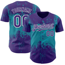 Laden Sie das Bild in den Galerie-Viewer, Custom Purple Teal-White 3D Pattern Design Abstract Splatter Grunge Paint Authentic Baseball Jersey