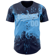Load image into Gallery viewer, Custom Navy Sky Blue-White 3D Pattern Design Abstract Splatter Grunge Paint Authentic Baseball Jersey