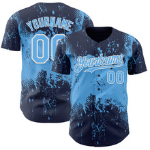 Load image into Gallery viewer, Custom Navy Sky Blue-White 3D Pattern Design Abstract Splatter Grunge Paint Authentic Baseball Jersey