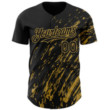 Load image into Gallery viewer, Custom Black Old Gold 3D Pattern Design Paint Stroke Grunge Streak Authentic Baseball Jersey