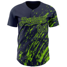 Load image into Gallery viewer, Custom Navy Neon Green 3D Pattern Design Paint Stroke Grunge Streak Authentic Baseball Jersey
