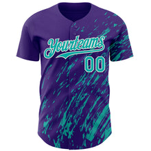 Laden Sie das Bild in den Galerie-Viewer, Custom Purple Aqua-White 3D Pattern Design Paint Stroke Grunge Streak Authentic Baseball Jersey